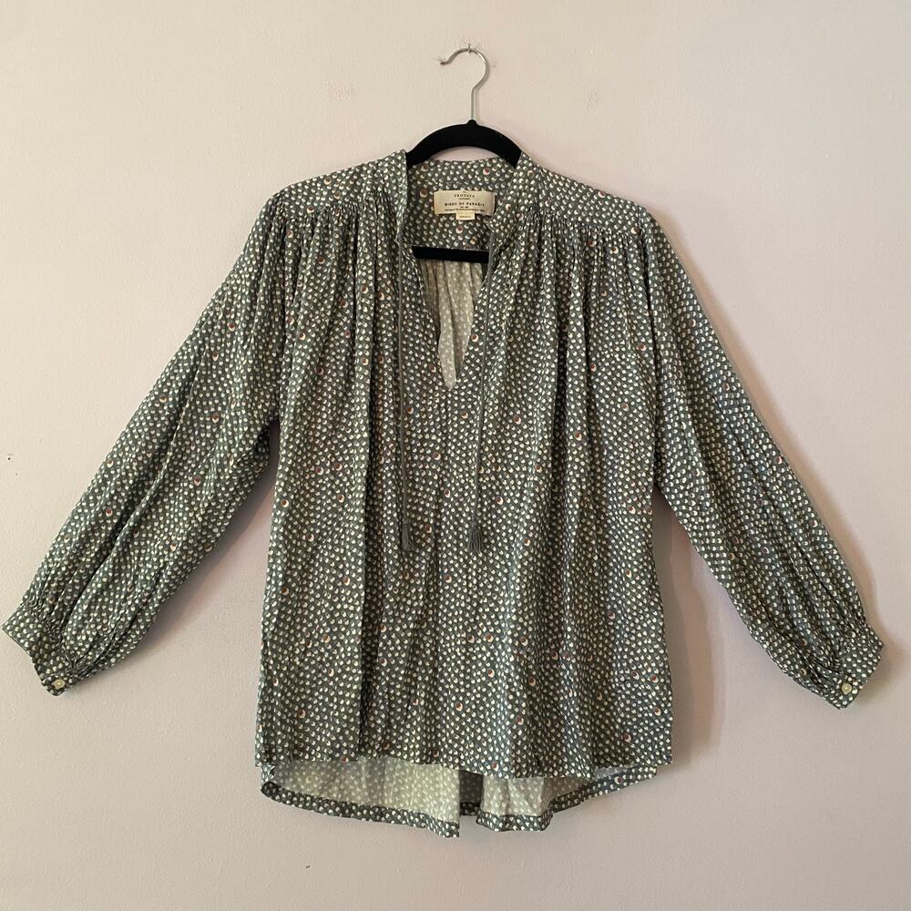 Birds of Paradis Trovata California Green White Dot Tassel Blouse Popover Small